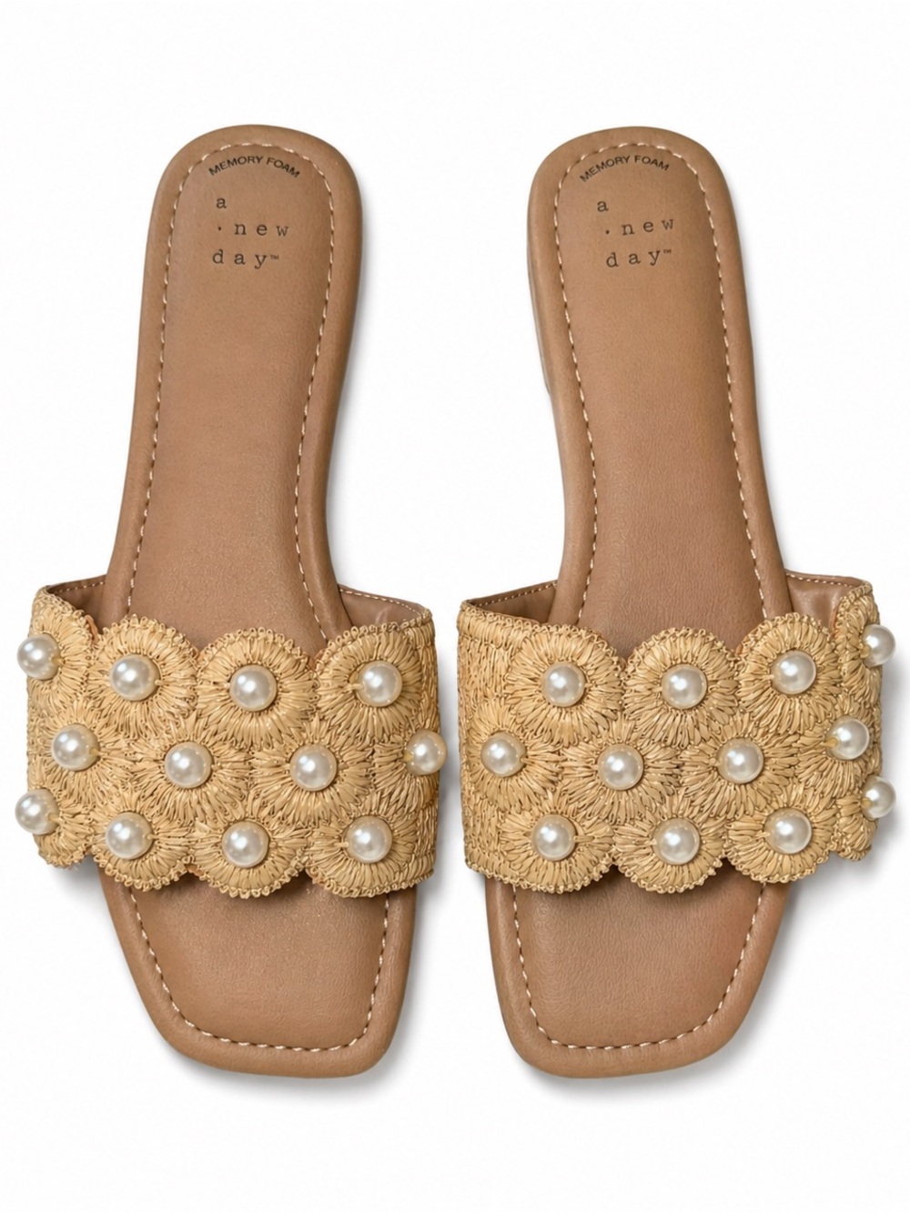 A New Day Tan Raffia Pearl Slide Sandals Size 7.5 Boho Coastal Resort Chic NWT